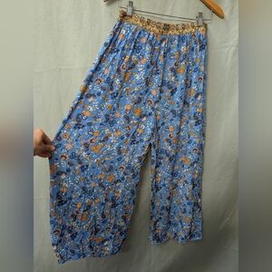 Floral Wide Leg Pants - Blue and Orange - Elastic Stretchy Waistband